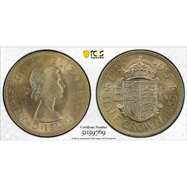 GREAT BRITAIN: Elizabeth II, 1952-2022, 1/2 crown, 1959, PCGS MS64