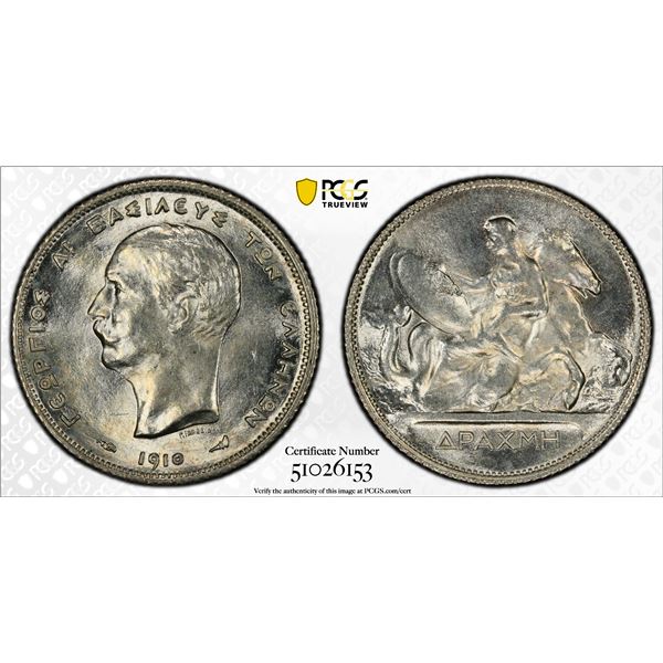 GREECE: George I, 1863-1913, AR drachma, 1910, PCGS MS62