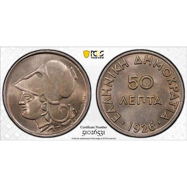 GREECE: Second Hellenic Republi, 50 lepta, 1926, PCGS MS64