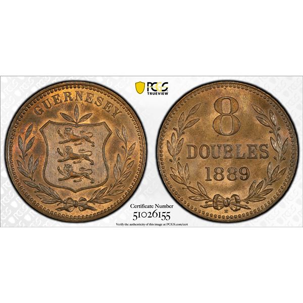 GUERNSEY: Victoria, 1837-1901, AE 8 doubles, 1889-H, PCGS MS64 RB