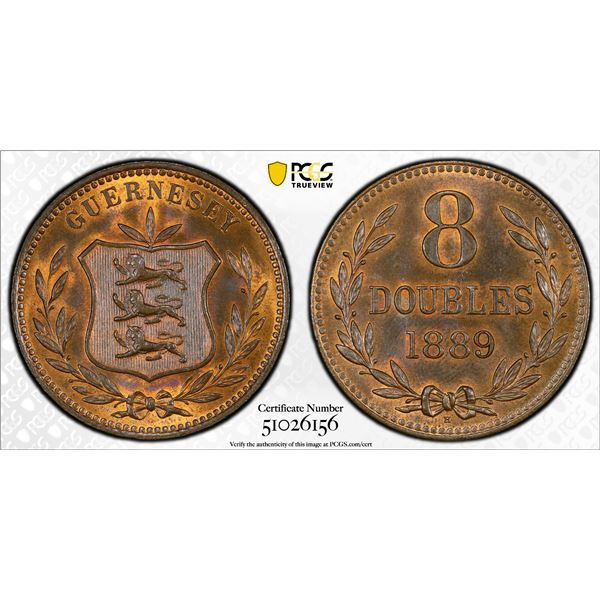 GUERNSEY: Victoria, 1837-1901, AE 8 doubles, 1889-H, PCGS MS63 RB