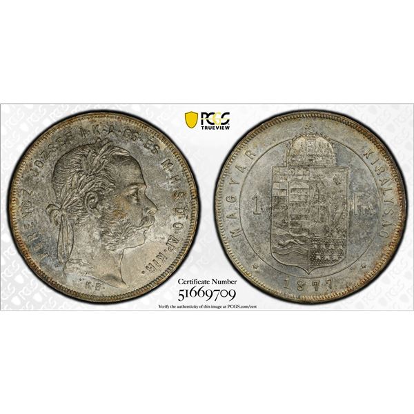 HUNGARY: Franz Joseph I, 1848-1916, AR forint, Kremnica, 1877-KB, PCGS MS64