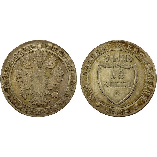 ITALY: GORIZIA: Francesco II, 1792-1804, AR 15 soldi (8½ kreuzer), 1802-F, XF