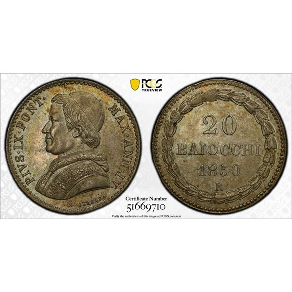ITALY: PAPAL STATES: Pius IX, 1846-1878, 1850-R year IV, PCGS MS63