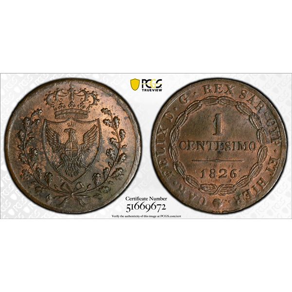 ITALY: SARDINIA: Carlo Felice, 1821-1831, AE centesimo, Turin, 1826, PCGS MS63 BN