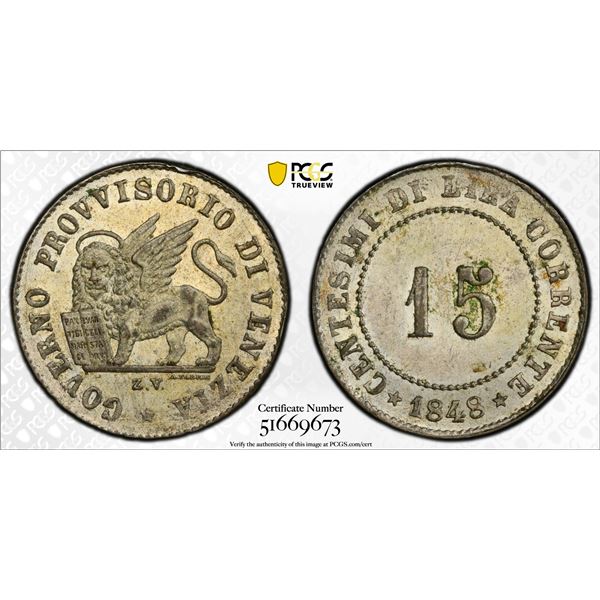 ITALY: VENICE: Provisional Government, BI 15 centesimi, 1848, PCGS MS63