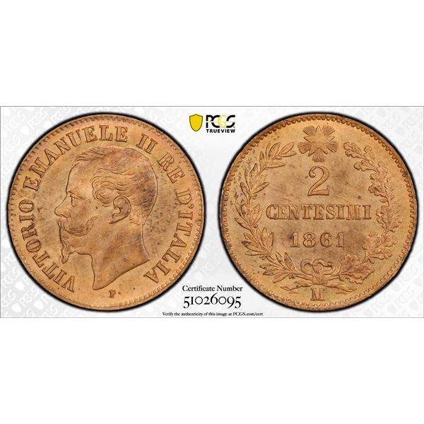 ITALY: Vittorio Emanuele II, 1861-1878, AE 2 centesimo, 1861-M, PCGS MS64 RB