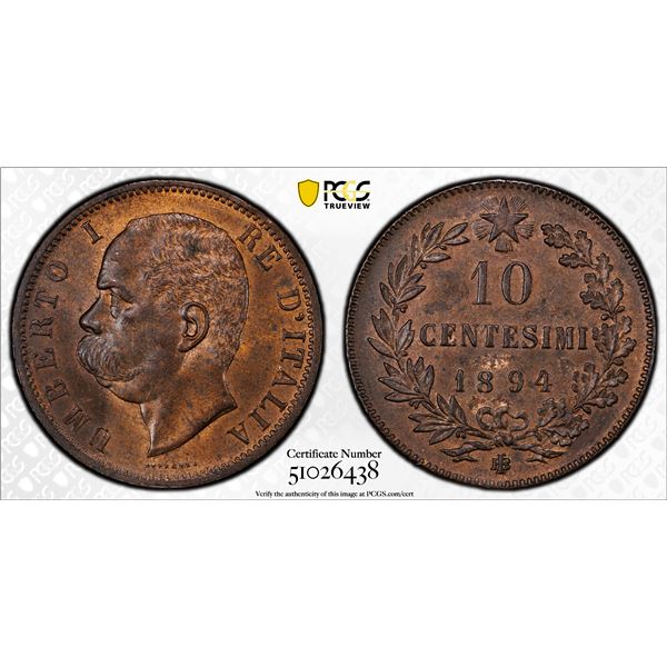 ITALY: Umberto I, 1878-1900, AE 10 centesimi, 1894-BI, PCGS MS63 BN