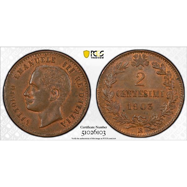 ITALY: Vittorio Emanuele III, 1900-1946, AE 2 centesimi, 1903-R, PCGS MS64 BN