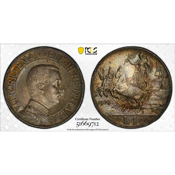 ITALY: Vittorio Emanuele III, 1900-1946, AR lira, 1909-R, PCGS MS61