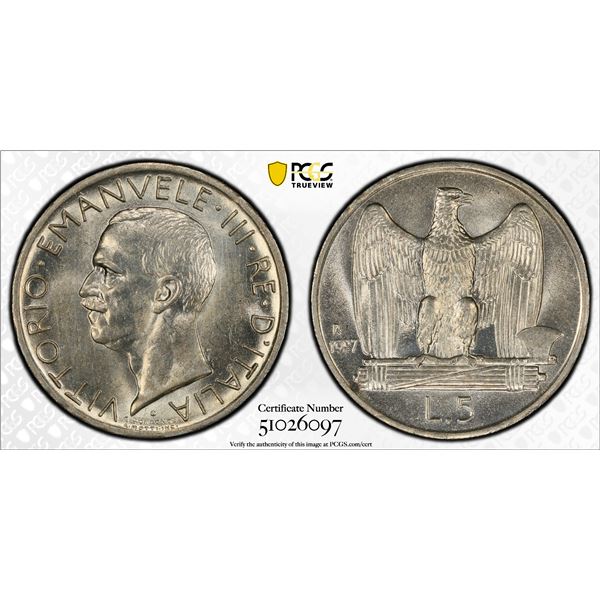 ITALY: Vittorio Emanuele III, 1900-1946, AR 5 lire, 1927-R, PCGS MS64