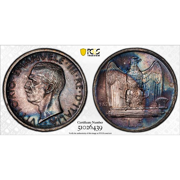 ITALY: Vittorio Emanuele III, 1900-1946, AR 5 lire, 1927-R, PCGS MS62