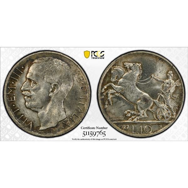 ITALY: Vittorio Emanuele III, 1900-1946, AR 10 lire, 1927-R, PCGS MS63