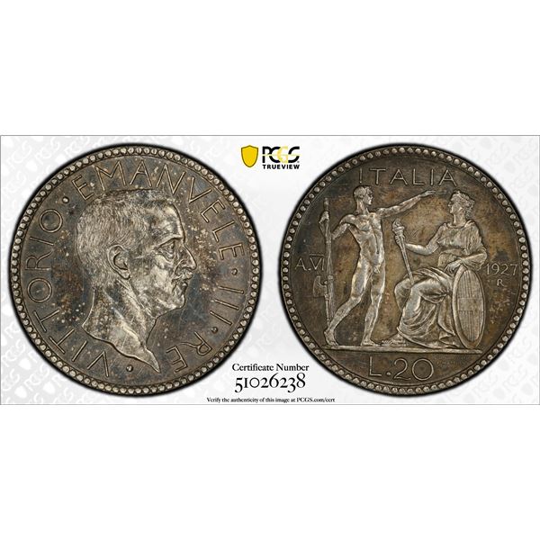 ITALY: Vittorio Emanuele III, 1900-1946, AR 20 lire, 1927-R year VI, PCGS AU details