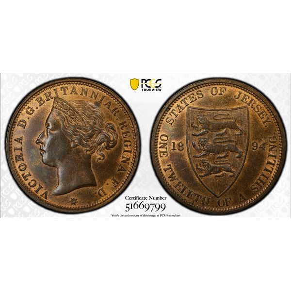 JERSEY: Victoria, 1837-1901, AE 1/12 shilling, 1894, PCGS MS63 RB