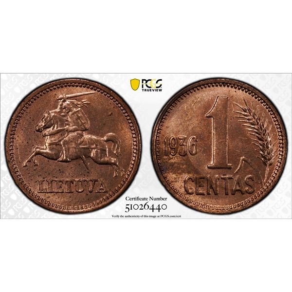 LITHUANIA: Republic, AE centas, 1936, PCGS MS64 RD