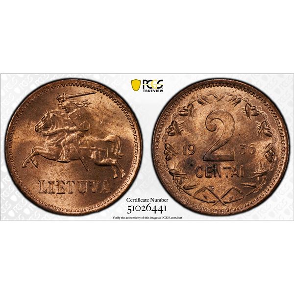 LITHUANIA: Republic, AE 2 centai, 1936, PCGS MS64 RD