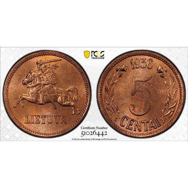 LITHUANIA: Republic, AE 5 centai, 1936, PCGS MS65 RD
