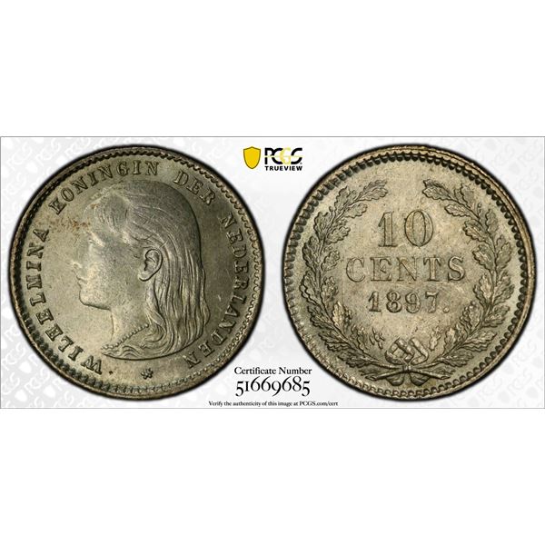 NETHERLANDS: Wilhelmina I, 1890-1948, AR 10 cents, 1897, PCGS MS63