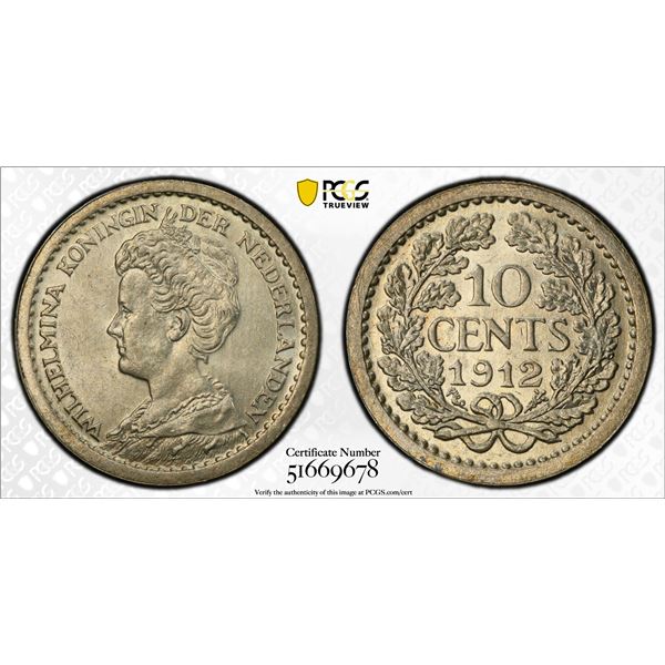 NETHERLANDS: Wilhelmina, 1890-1948, AR 10 cents, 1912, PCGS MS63