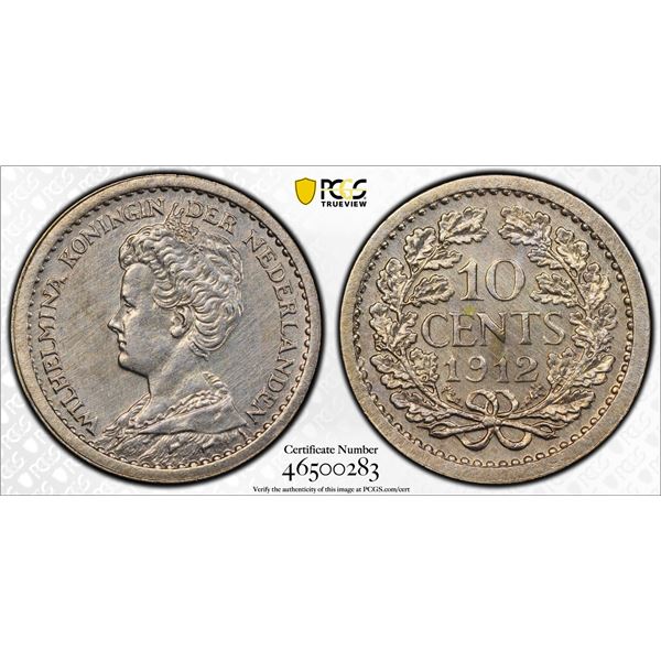 NETHERLANDS: Wilhelmina, 1890-1948, AR 10 cents, 1912, PCGS UNC details