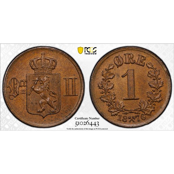 NORWAY: Oscar II, 1872-1905, AE ore, 1876, PCGS MS64 BN