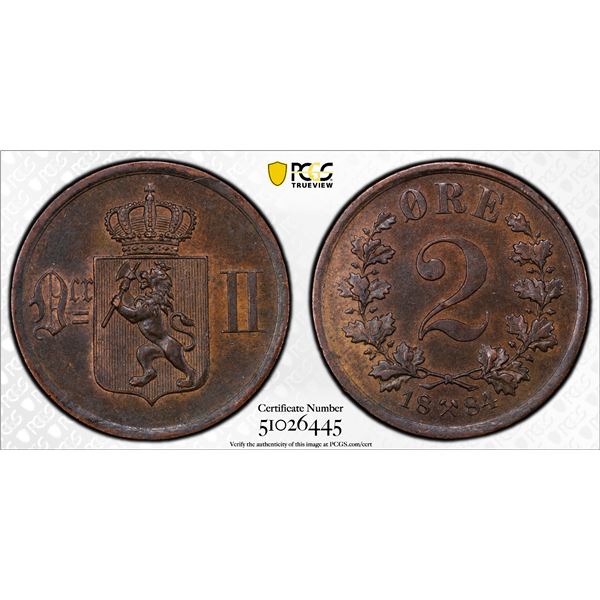 NORWAY: Oscar II, 1872-1905, AE 2 ore, 1884, PCGS MS62 BN