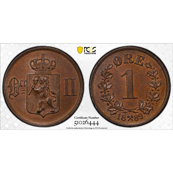 NORWAY: Oscar II, 1872-1905, AE ore, 1889, PCGS MS64 BN