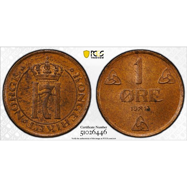 NORWAY: Haakon VII, 1905-1957, AE ore, 1913, PCGS MS63 BN