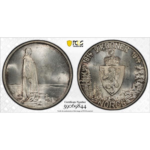 NORWAY: Haakon VII, 1905-1957, AR 2 kroner, 1914, PCGS MS63