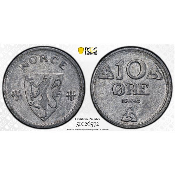 NORWAY: German Occupation, 10 ore, 1945, PCGS MS65