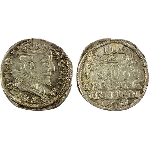 POLAND (LITHUANIA): Sigismund III, 1587-1632, AR 3 groschen (2.44g), 1593, XF to AU