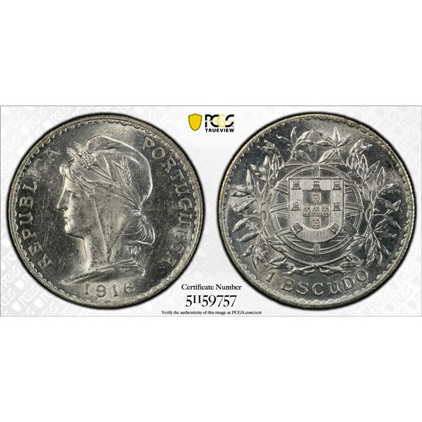 PORTUGAL: Republic, AR escudo, 1916, PCGS MS61