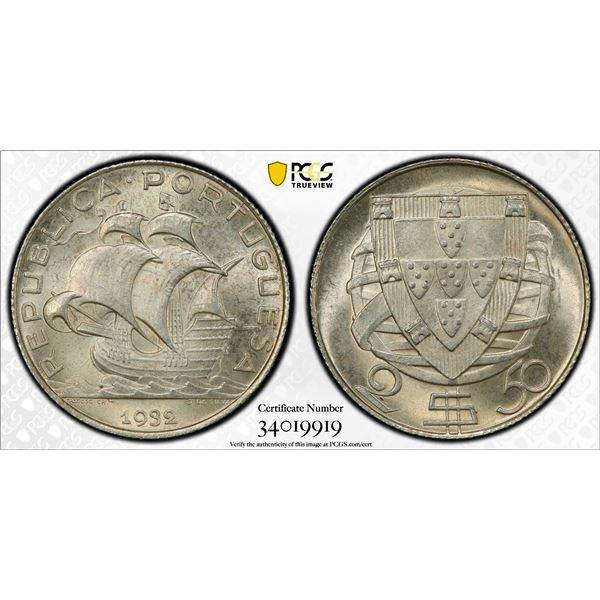 PORTUGAL: Republic, AR 2½ escudos, 1932, PCGS MS65