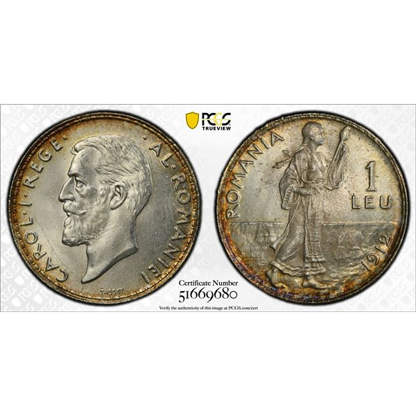 ROMANIA: Carol I, King, 1881-1914, AR leu, 1912, PCGS MS63