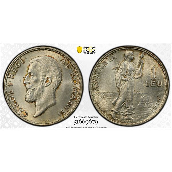 ROMANIA: Carol I, King, 1881-1914, AR leu, 1914, PCGS MS64
