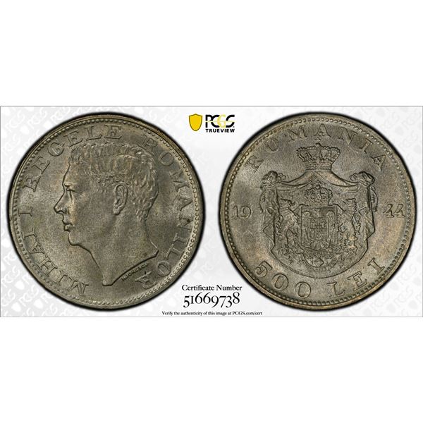 ROMANIA: Mihai I, 1940-1947, AR 500 lei, 1944, PCGS MS64