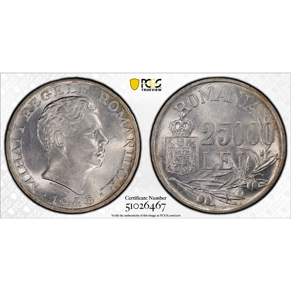 ROMANIA: Mihai I, 2nd reign, 1940-1947, AR 25,000 lei, 1946, PCGS MS62