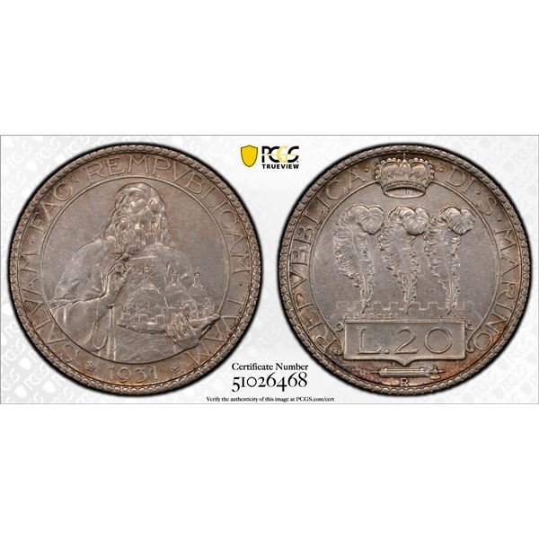 SAN MARINO: Republic, AR 20 lire, 1931-R, PCGS AU details
