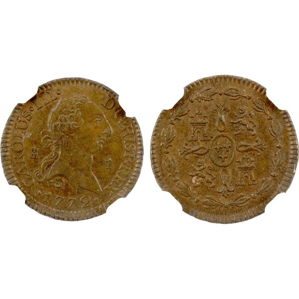 SPAIN: Carlos III, 1759-1788, AE maravedi, Segovia, 1772, NGC MS63 BN