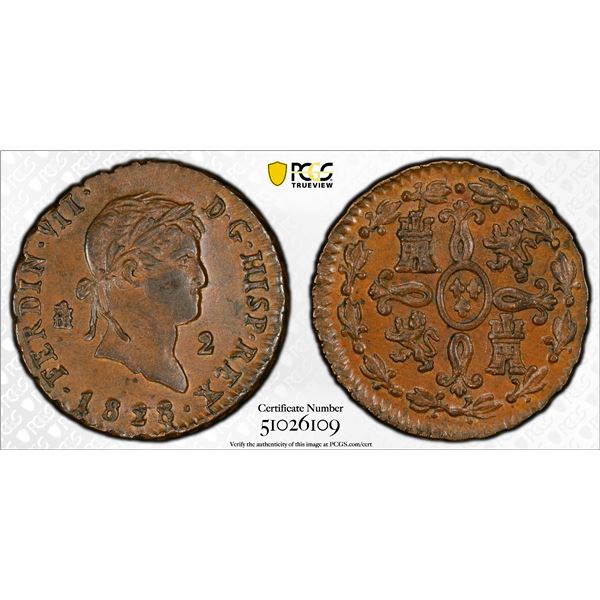 SPAIN: Fernando VII, 2nd reign, 1813-1833, AE 2 maravedis, Segovia, 1828, PCGS AU58