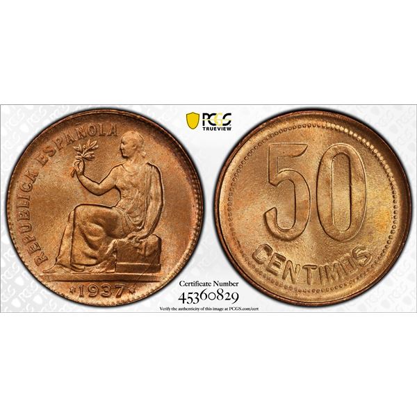 SPAIN: Second Republic, AE 50 centimos, 1937 (36), PCGS MS66 RD