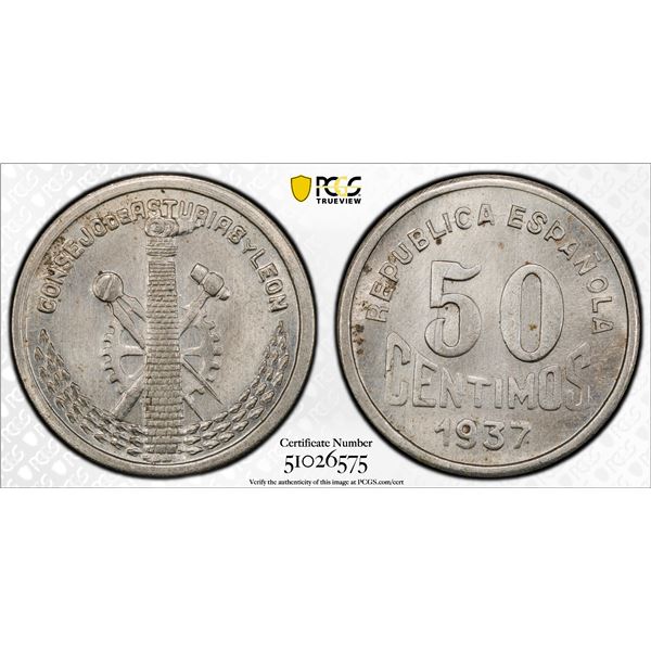 SPAIN: Second Republic, 50 centimos, Asturias and León, 1937, PCGS UNC details