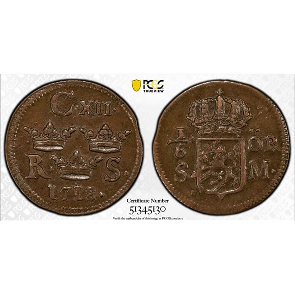SWEDEN: Karl XII, 1697-1718, AE 1/6 ore, 1718, PCGS MS62 BN