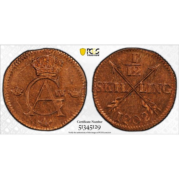 SWEDEN: Gustaf IV Adolf, 1792-1809, AE 1/12 skilling, 1802, PCGS MS65 RD