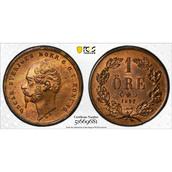 SWEDEN: Oscar I, 1844-1859, AE ore, 1857, PCGS MS65 RB