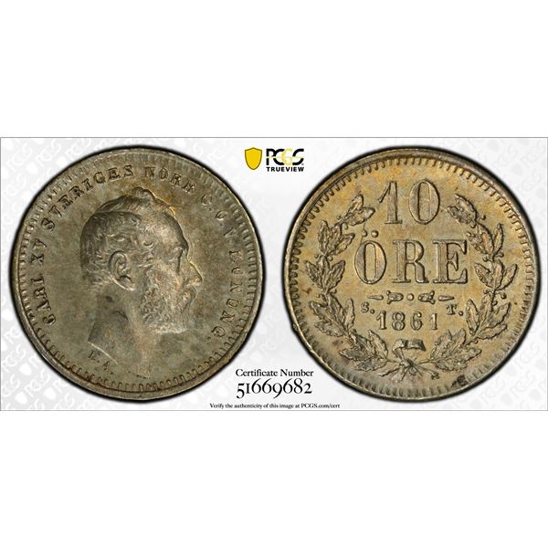 SWEDEN: Karl XV, 1859-1872, AR 10 ore, 1861, PCGS MS62