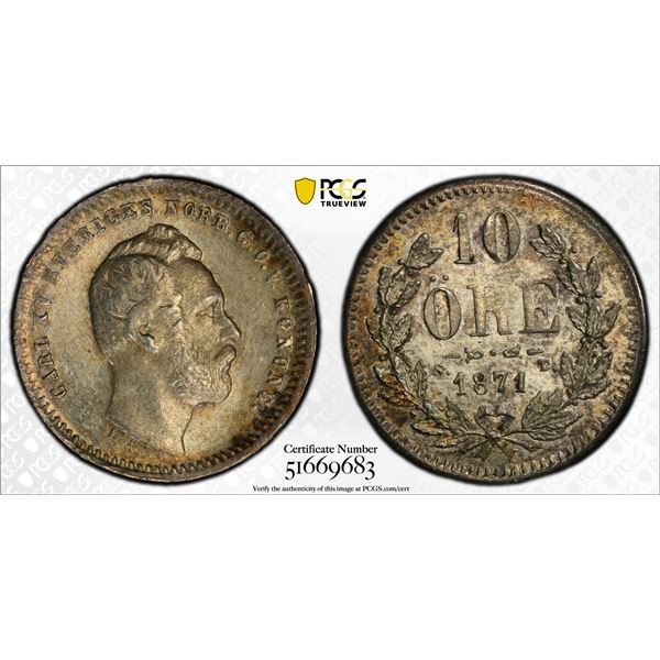 SWEDEN: Oscar II, 1872-1907, AR 10 ore, 1871