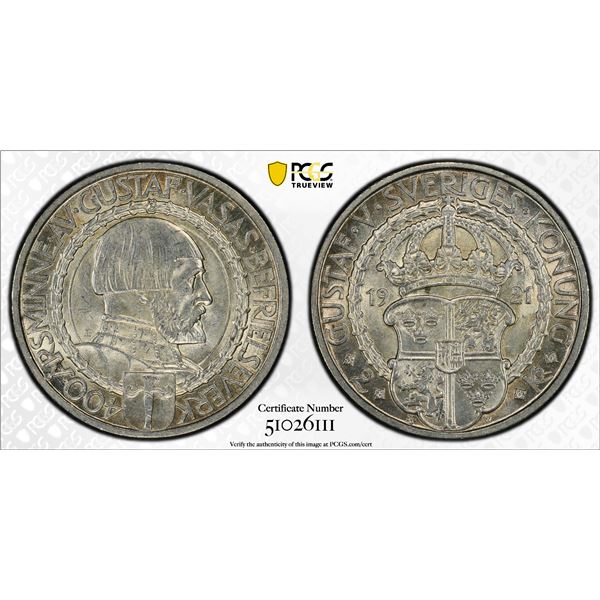 SWEDEN: Gustaf V, 1907-1950, AR 2 kronor, 1921, PCGS MS64