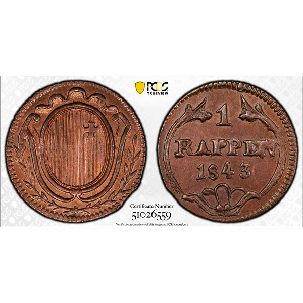 SWITZERLAND: SCHWYZ: Canton, AE rappen, 1843, PCGS MS64 RB
